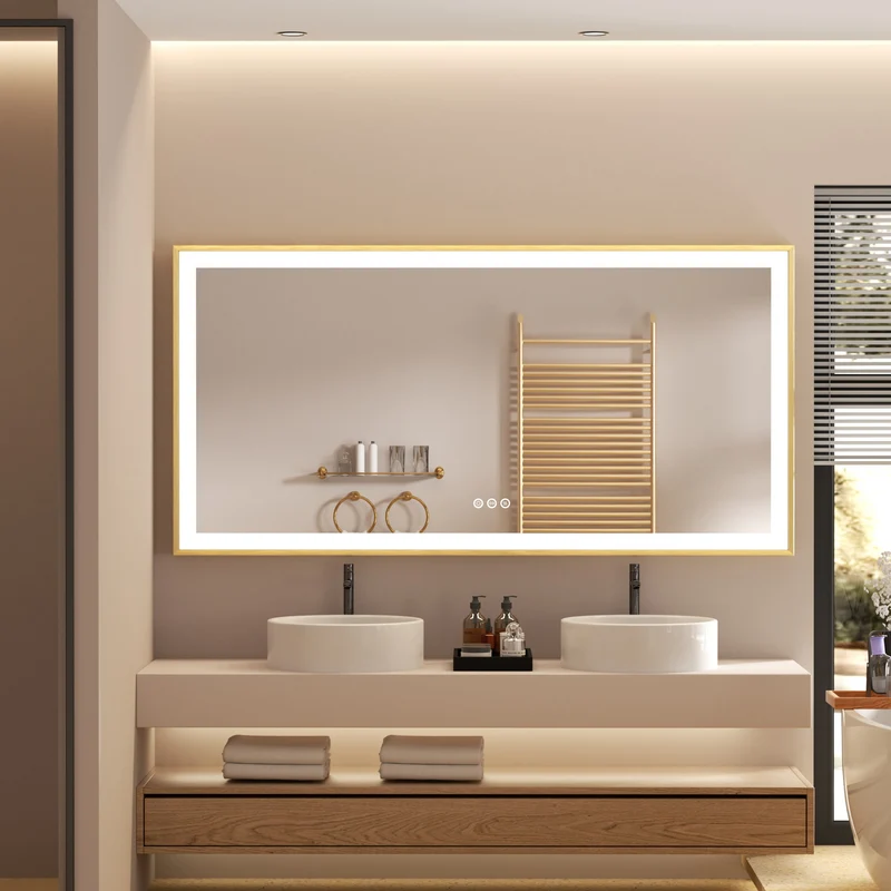 LUVODI Rctangular LED Bathroom Mirror with Gold Aluminum Alloy Narrow Frame Defogging 3 Color