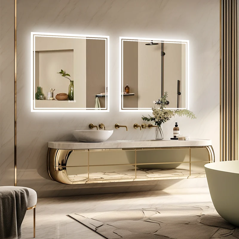LUVODI 80x80cm Square LED Bathroom Mirror Anti-fog, 3-color Stepless Dimming(Glowing Outer Edge)