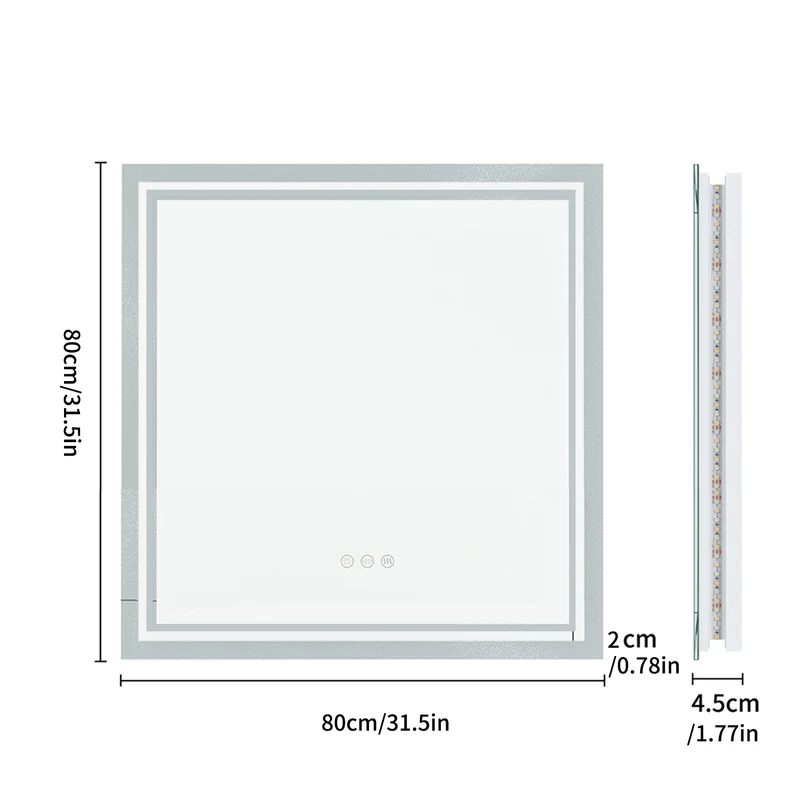LUVODI 80x80cm Square LED Bathroom Mirror Anti-fog, 3-color Stepless Dimming(Glowing Outer Edge)