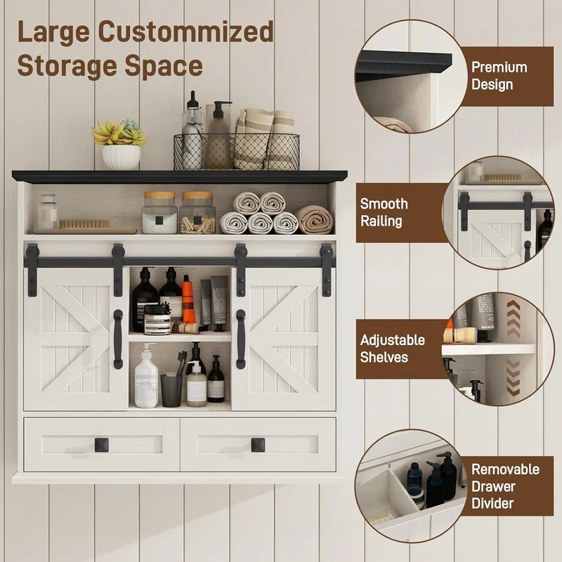 Vabches Bathroom Farmhouse Medicine Cabinet with Double Sliding Barn Door