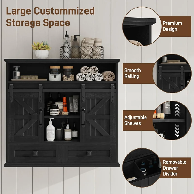 Vabches Bathroom Farmhouse Medicine Cabinet with Double Sliding Barn Door