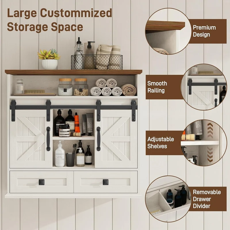 Vabches Bathroom Farmhouse Medicine Cabinet with Double Sliding Barn Door