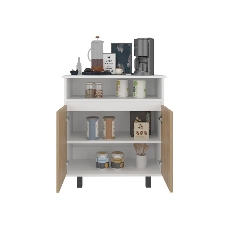Mesa Auxiliar de Cocina Lona, Blanco Duqueza y Fresno Europeo, con 2 Puertas Abatibles y Espacio para Microondas