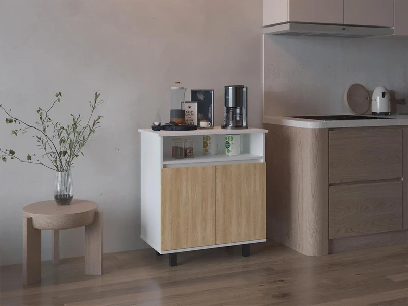Mesa Auxiliar de Cocina Lona, Blanco Duqueza y Fresno Europeo, con 2 Puertas Abatibles y Espacio para Microondas