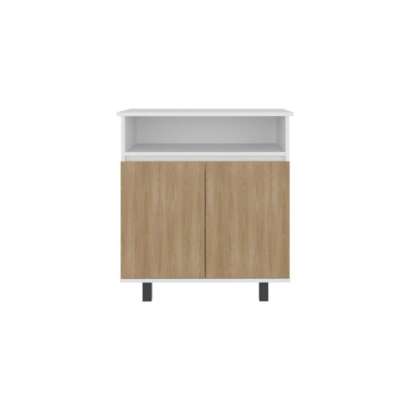 Mesa Auxiliar de Cocina Lona, Blanco Duqueza y Fresno Europeo, con 2 Puertas Abatibles y Espacio para Microondas