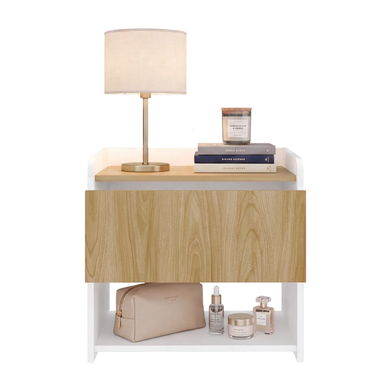 Mesa de Noche Fidelis, Blanco Duqueza y Fresno Europeo, con Diseño Moderno ZF