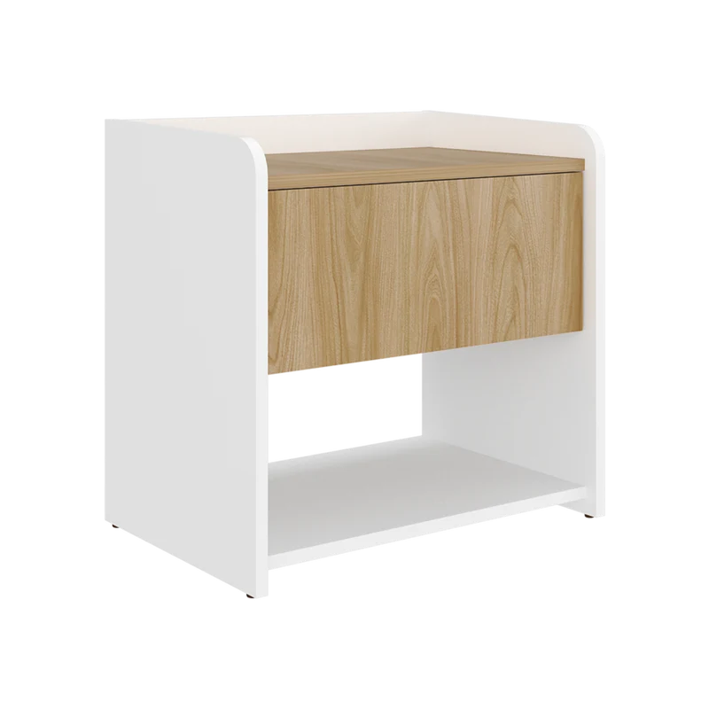 Mesa de Noche Fidelis, Blanco Duqueza y Fresno Europeo, con Diseño Moderno ZF