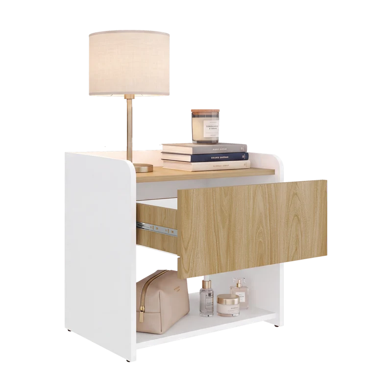 Mesa de Noche Fidelis, Blanco Duqueza y Fresno Europeo, con Diseño Moderno ZF