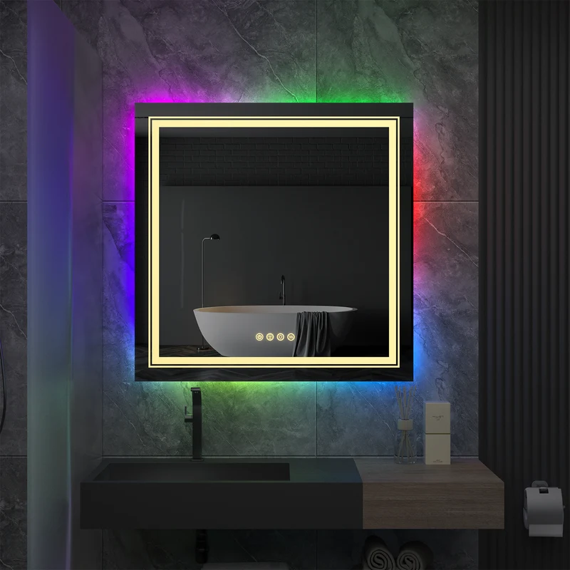 LUVODI 80x80cm Square LED Bathroom Mirror with 8 RGB Backlit 3 Front Light Color Smart Defogging Touch