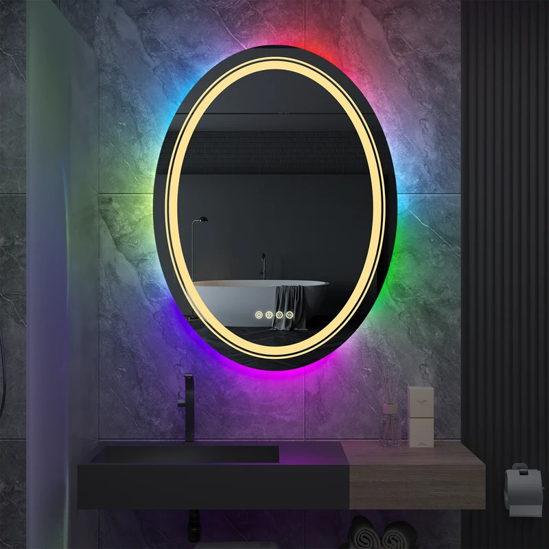 LUVODI 60x80cm Oval LED Bathroom Mirror with 8 RGB Backlit 3 Front Light Color Smart Defogging TouchCRI>90