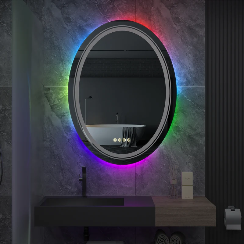 LUVODI 60x80cm Oval LED Bathroom Mirror with 8 RGB Backlit 3 Front Light Color Smart Defogging TouchCRI>90
