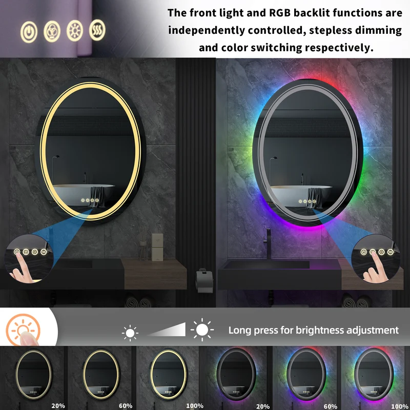 LUVODI 60x80cm Oval LED Bathroom Mirror with 8 RGB Backlit 3 Front Light Color Smart Defogging TouchCRI>90