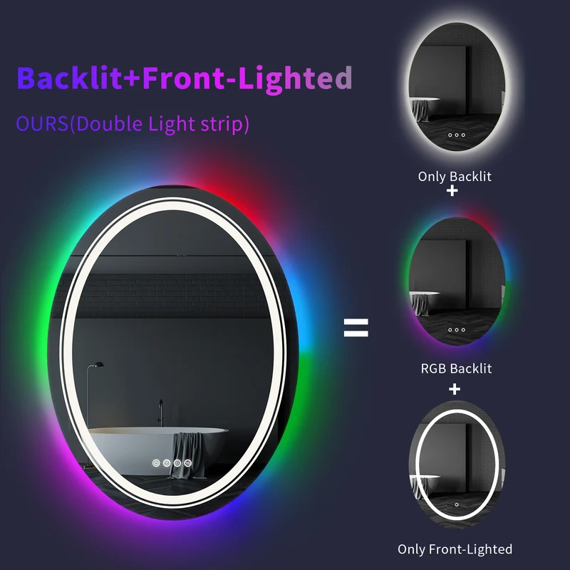 LUVODI 60x80cm Oval LED Bathroom Mirror with 8 RGB Backlit 3 Front Light Color Smart Defogging TouchCRI>90