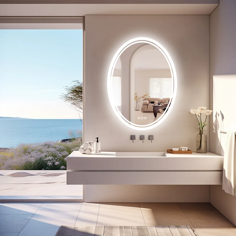 LUVODI Oval Illuminated Bathroom Mirror 3 Colors Defogging Smart Mirror(Glowing Outer Edge)