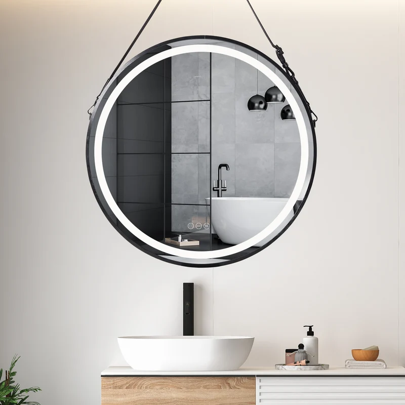 LUVODI Round LED Bathroom Mirror with Black Frame for Bathroom Bedroom Entryway