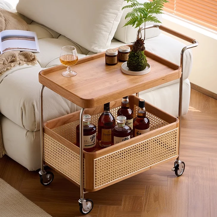 Contemporary Retro Weaving Imitation Rattan PE Wood Stainless Steel Rectangular Movable End Table 2-Tier Storage For Living Room