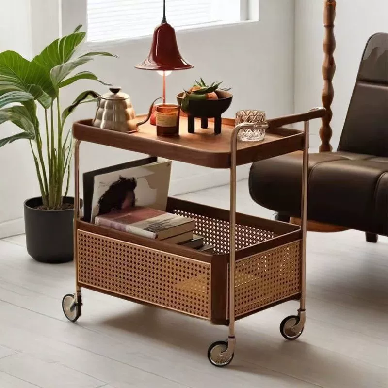 Contemporary Retro Weaving Imitation Rattan PE Wood Stainless Steel Rectangular Movable End Table 2-Tier Storage For Living Room