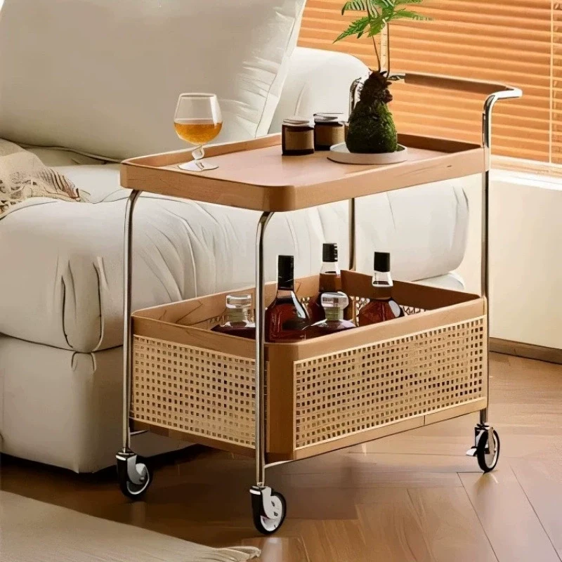 Contemporary Retro Weaving Imitation Rattan PE Wood Stainless Steel Rectangular Movable End Table 2-Tier Storage For Living Room