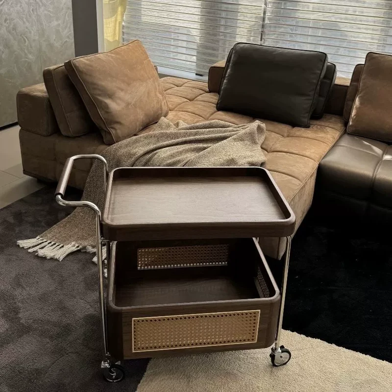 Contemporary Retro Weaving Imitation Rattan PE Wood Stainless Steel Rectangular Movable End Table 2-Tier Storage For Living Room