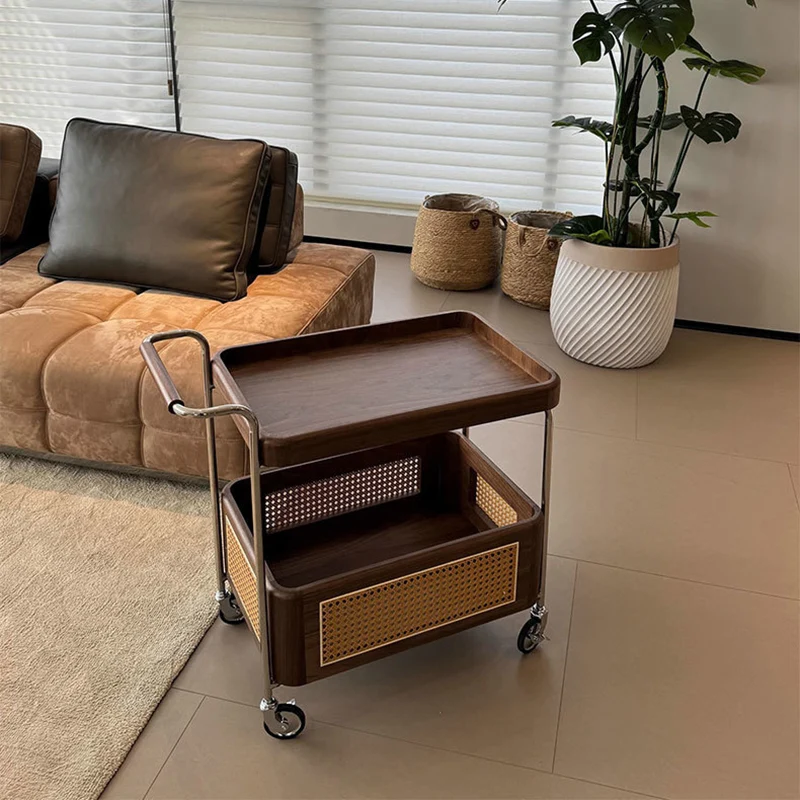 Contemporary Retro Weaving Imitation Rattan PE Wood Stainless Steel Rectangular Movable End Table 2-Tier Storage For Living Room