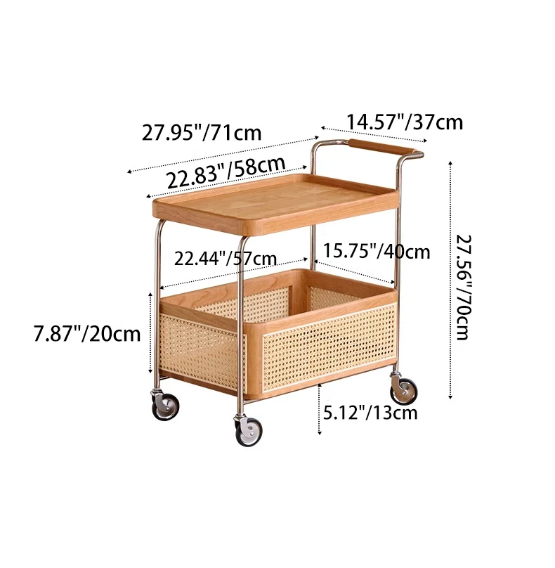 Contemporary Retro Weaving Imitation Rattan PE Wood Stainless Steel Rectangular Movable End Table 2-Tier Storage For Living Room