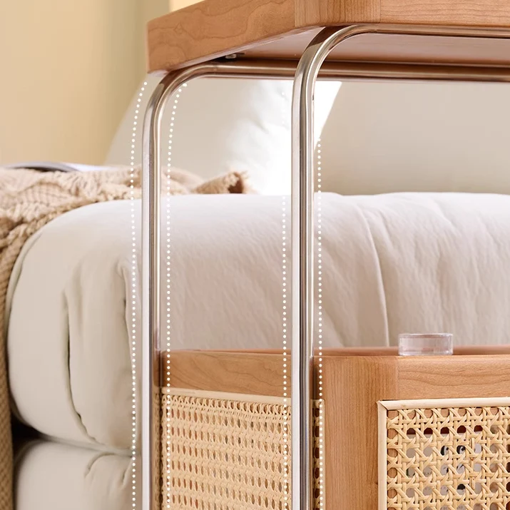 Contemporary Retro Weaving Imitation Rattan PE Wood Stainless Steel Rectangular Movable End Table 2-Tier Storage For Living Room