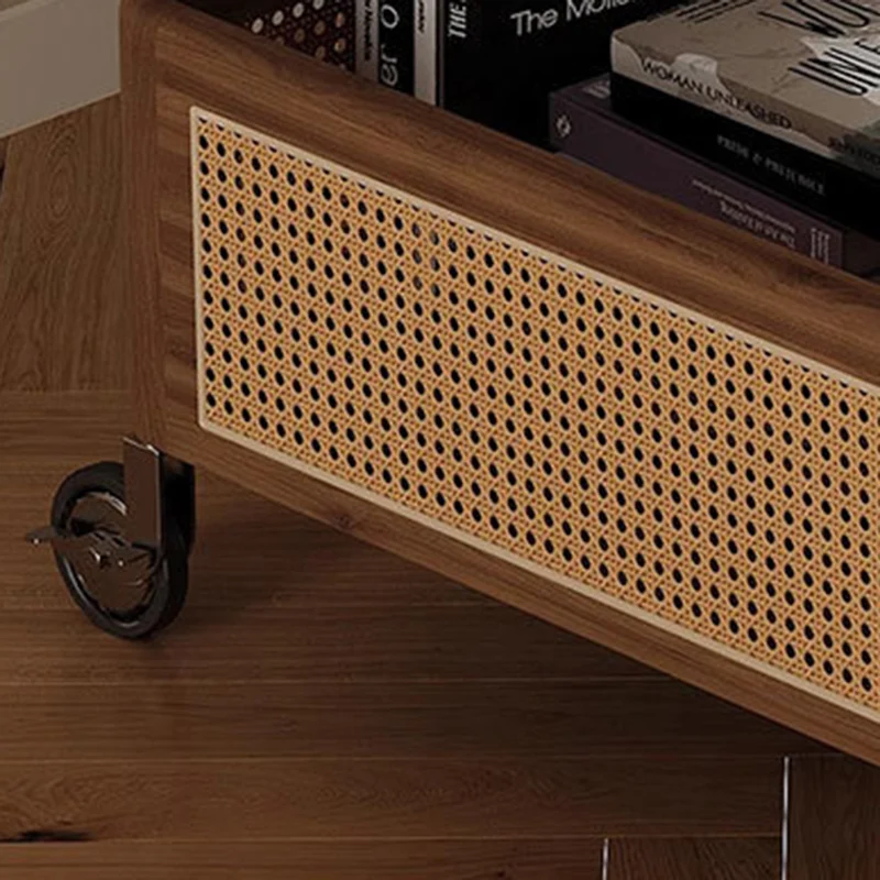 Contemporary Retro Weaving Imitation Rattan PE Wood Stainless Steel Rectangular Movable End Table 2-Tier Storage For Living Room