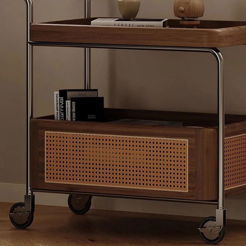 Contemporary Retro Weaving Imitation Rattan PE Wood Stainless Steel Rectangular Movable End Table 2-Tier Storage For Living Room
