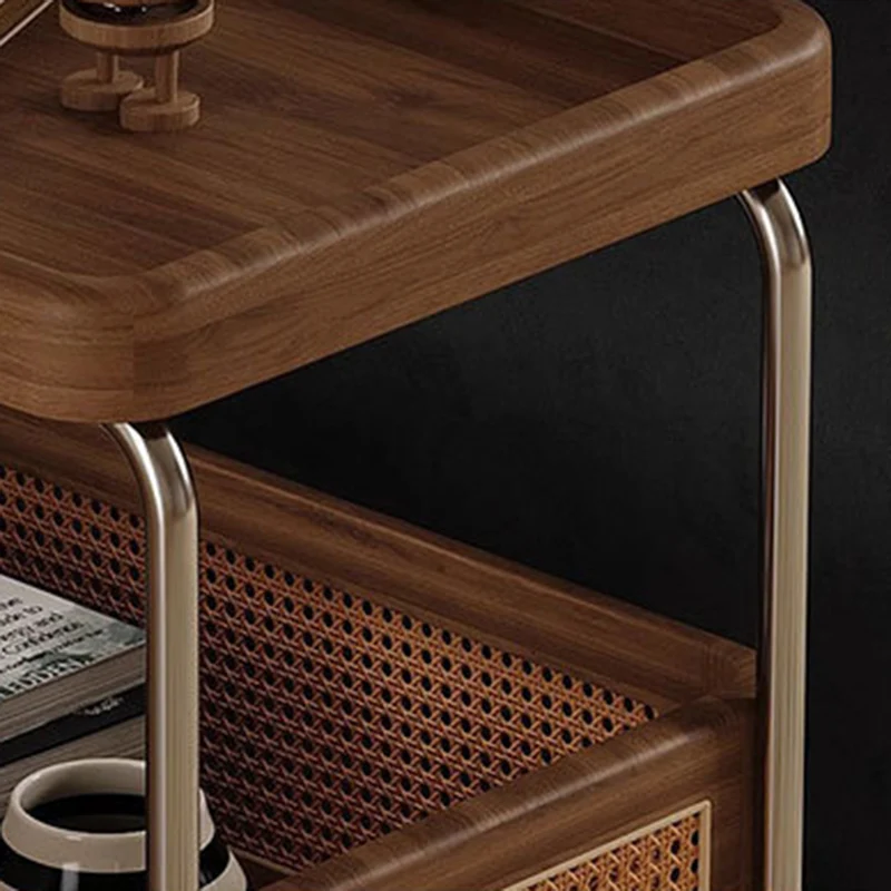 Contemporary Retro Weaving Imitation Rattan PE Wood Stainless Steel Rectangular Movable End Table 2-Tier Storage For Living Room