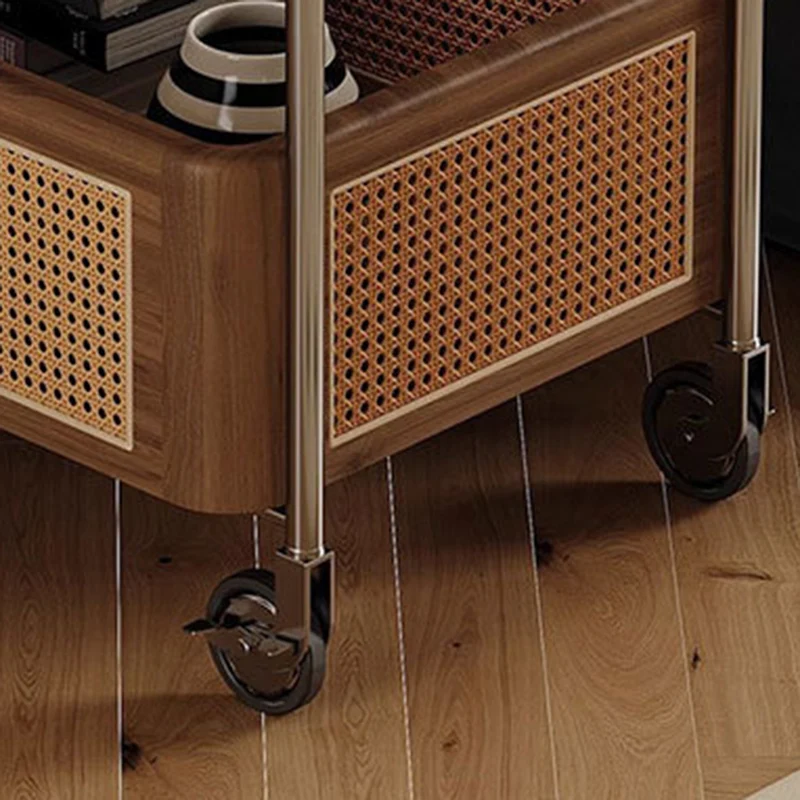 Contemporary Retro Weaving Imitation Rattan PE Wood Stainless Steel Rectangular Movable End Table 2-Tier Storage For Living Room