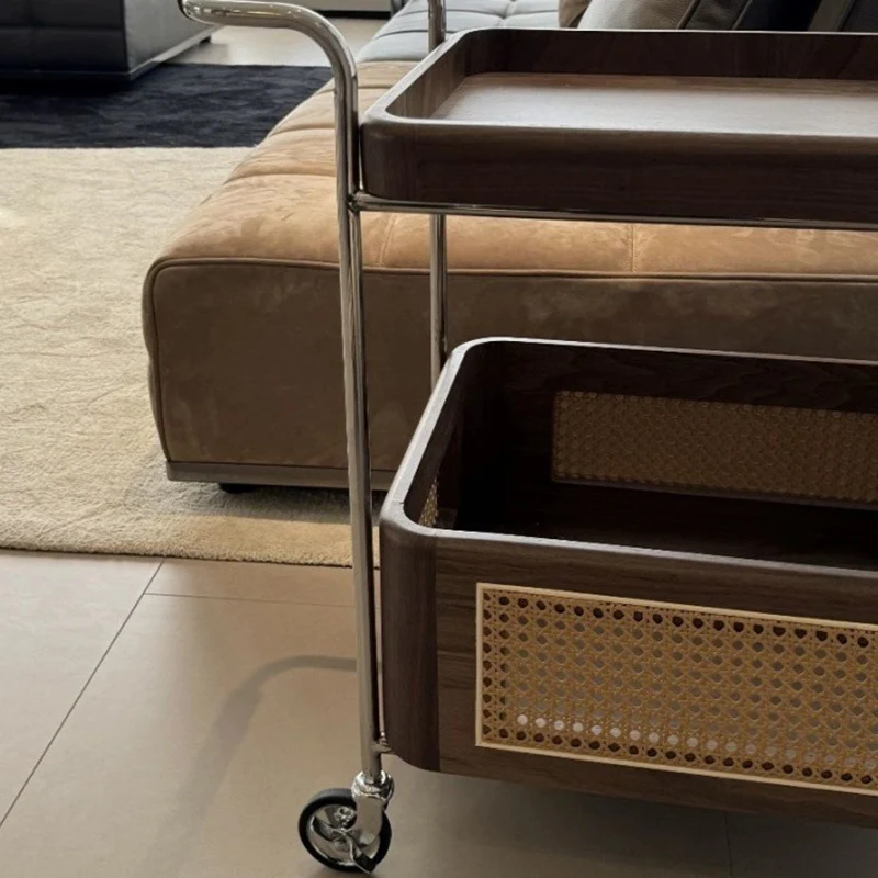 Contemporary Retro Weaving Imitation Rattan PE Wood Stainless Steel Rectangular Movable End Table 2-Tier Storage For Living Room