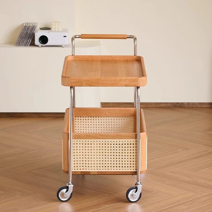 Contemporary Retro Weaving Imitation Rattan PE Wood Stainless Steel Rectangular Movable End Table 2-Tier Storage For Living Room