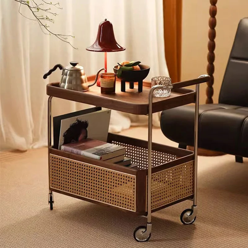 Contemporary Retro Weaving Imitation Rattan PE Wood Stainless Steel Rectangular Movable End Table 2-Tier Storage For Living Room