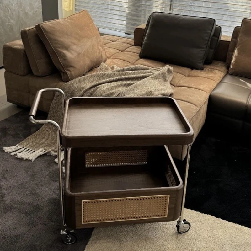 Contemporary Retro Weaving Imitation Rattan PE Wood Stainless Steel Rectangular Movable End Table 2-Tier Storage For Living Room