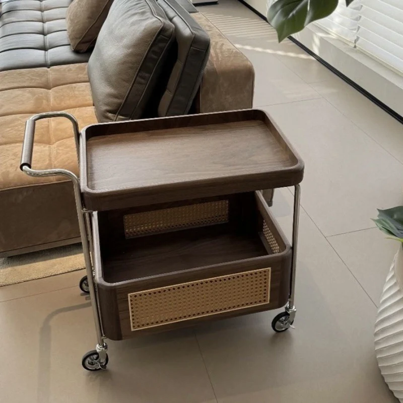 Contemporary Retro Weaving Imitation Rattan PE Wood Stainless Steel Rectangular Movable End Table 2-Tier Storage For Living Room