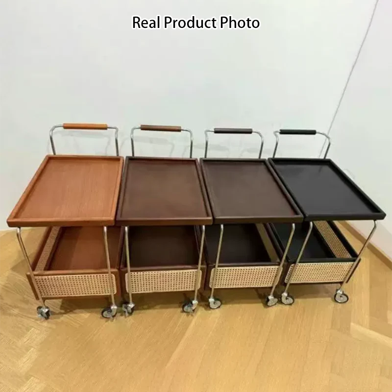 Contemporary Retro Weaving Imitation Rattan PE Wood Stainless Steel Rectangular Movable End Table 2-Tier Storage For Living Room