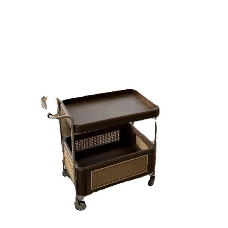 Contemporary Retro Weaving Imitation Rattan PE Wood Stainless Steel Rectangular Movable End Table 2-Tier Storage For Living Room
