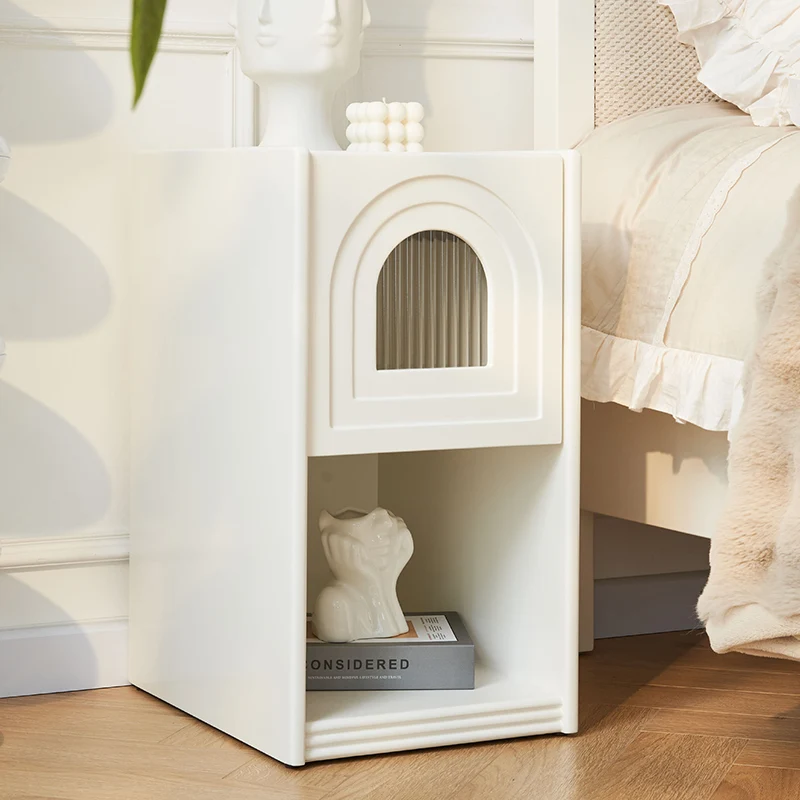Traditional French Striped Glass Solid Wood Panel Arch Door Square Nightstand 1-Drawer For Bedside
