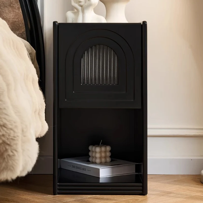 Traditional French Striped Glass Solid Wood Panel Arch Door Square Nightstand 1-Drawer For Bedside