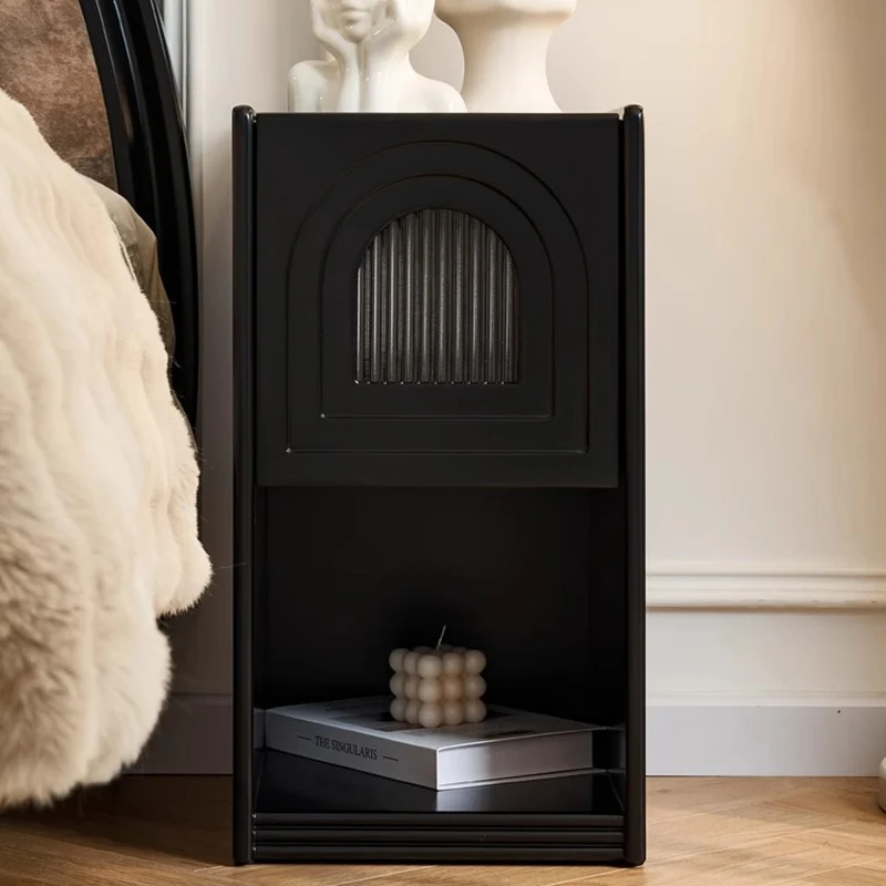 Traditional French Striped Glass Solid Wood Panel Arch Door Square Nightstand 1-Drawer For Bedside