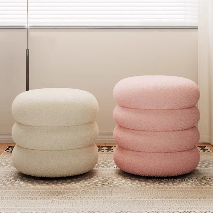 Modern Minimalist Cylinder Frame Sherpa Fabric Plywood Vanity Stool For Bedroom