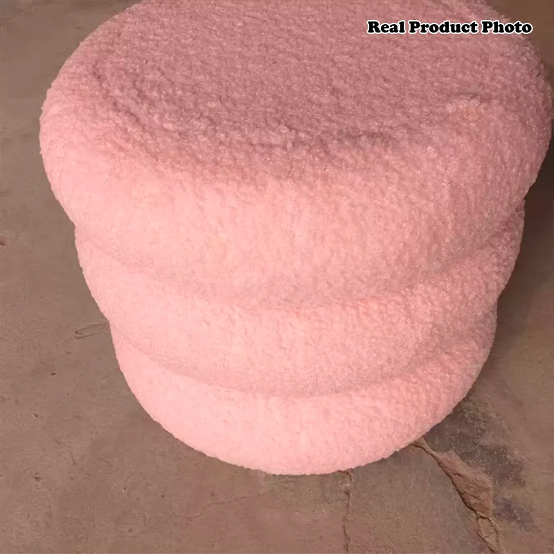 Modern Minimalist Cylinder Frame Sherpa Fabric Plywood Vanity Stool For Bedroom