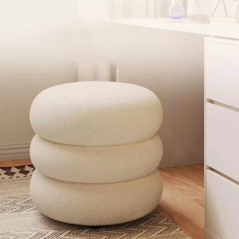 Modern Minimalist Cylinder Frame Sherpa Fabric Plywood Vanity Stool For Bedroom