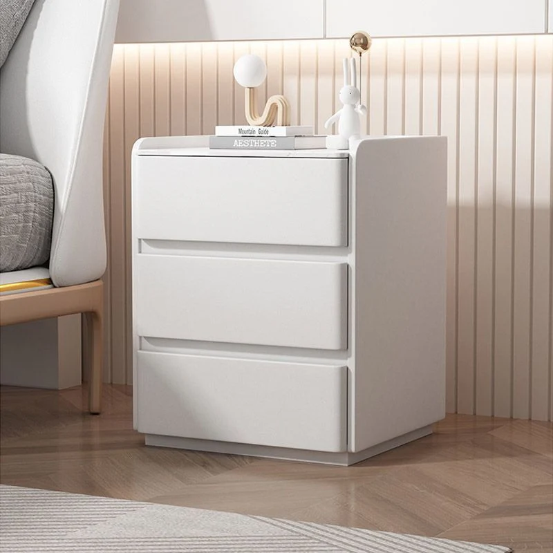 Modern Minimalist Rectangular Pine Wood Cat Scratch Resistant Leather Rock Slab Nightstand 3-Drawer For Bedroom