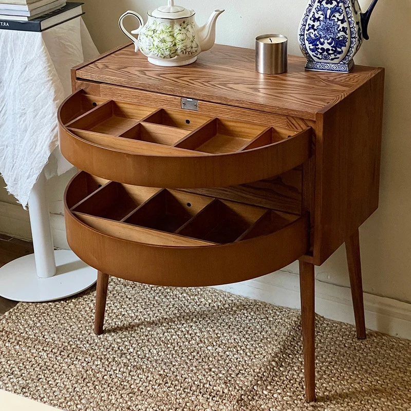 Contemporary Retro Square Semicircle Rotatable Jewelry Storage Red Oak Plywood Side Table 3 - Tier For Living Room