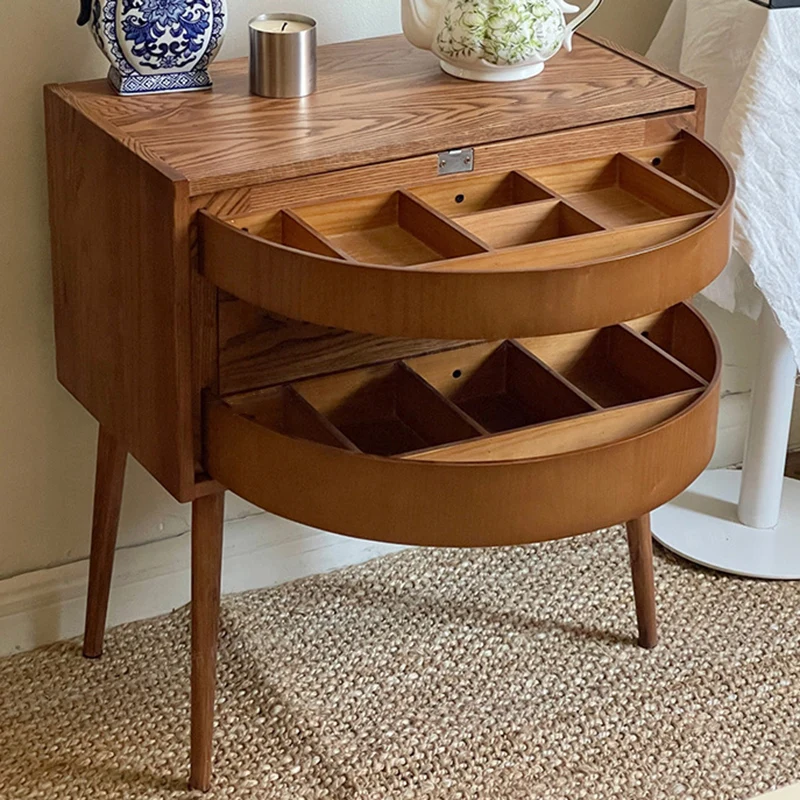Contemporary Retro Square Semicircle Rotatable Jewelry Storage Red Oak Plywood Side Table 3 - Tier For Living Room