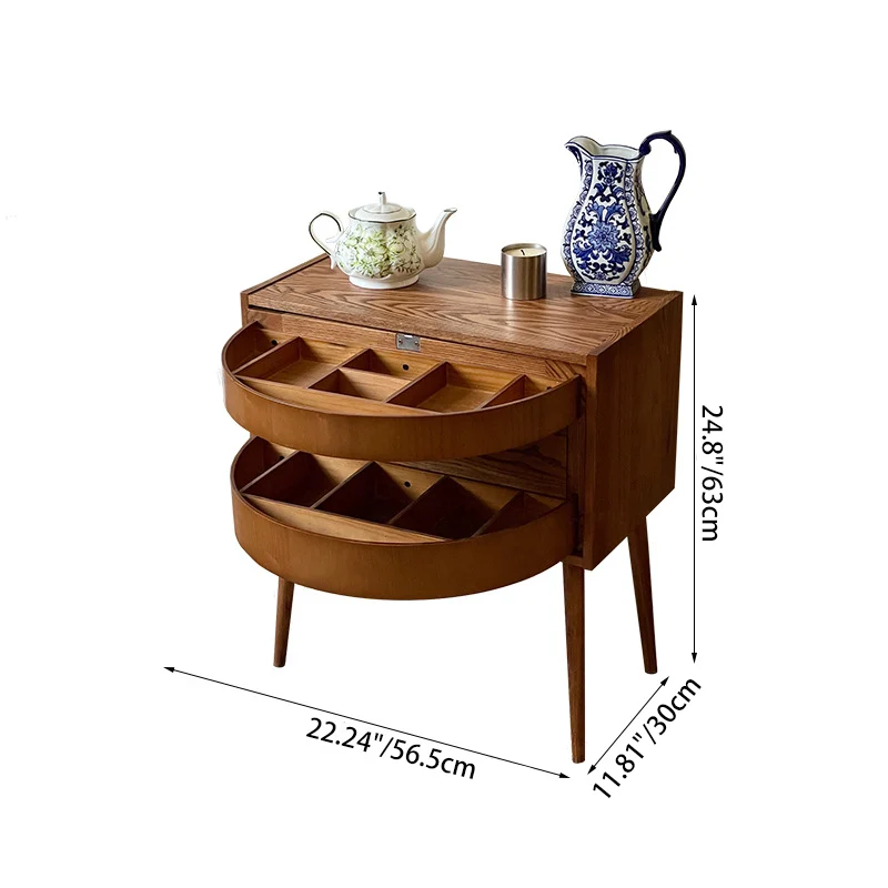 Contemporary Retro Square Semicircle Rotatable Jewelry Storage Red Oak Plywood Side Table 3 - Tier For Living Room