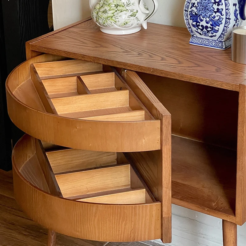 Contemporary Retro Square Semicircle Rotatable Jewelry Storage Red Oak Plywood Side Table 3 - Tier For Living Room