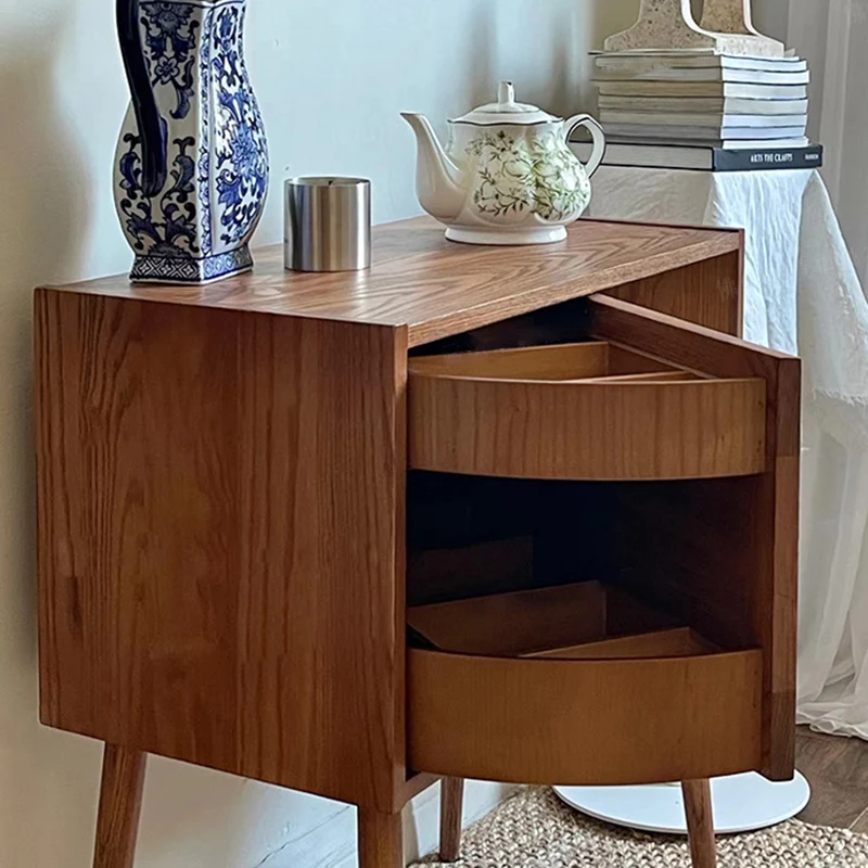 Contemporary Retro Square Semicircle Rotatable Jewelry Storage Red Oak Plywood Side Table 3 - Tier For Living Room