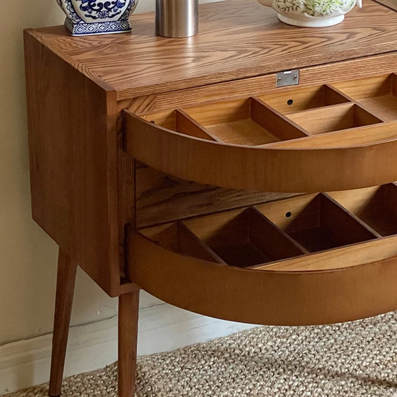 Contemporary Retro Square Semicircle Rotatable Jewelry Storage Red Oak Plywood Side Table 3 - Tier For Living Room
